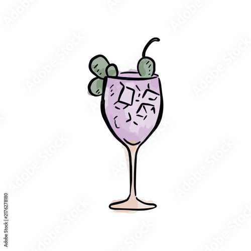 A purple cocktail in a wine glass with garnish. Hand drawn watercolour drink.