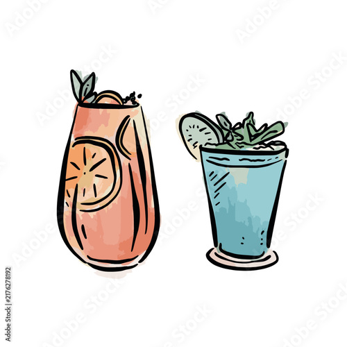 Two individual vector files of hand drawn coloured watercolour cocktails; an orange cocktail and blue cocktail.