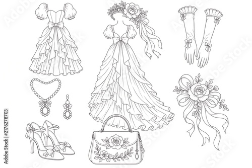 Women Formal Dress and Accessories Coloring Page with Gown Shoes Jewelry and Floral Headpiece