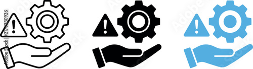Technical error and maintenance support with a gear and warning sign vector icon set
