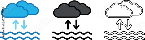 Cloud data sync and storage upload download vector icon set