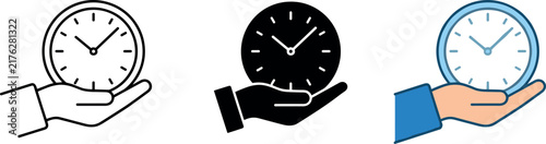 Time management and scheduling concept with a hand holding a clock vector icon set