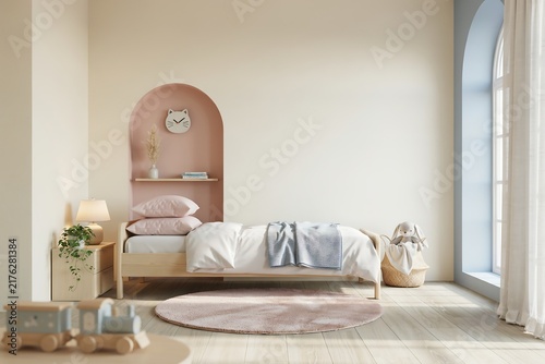 Scandinavian style kids bedroom with light walls wooden single bed arched alcove natural sunlight interior furniture curtains sunlight scandinavian minimalist domestic presentation