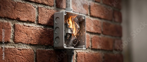 Electrical fire burning inside a wall mounted junction box with sparks