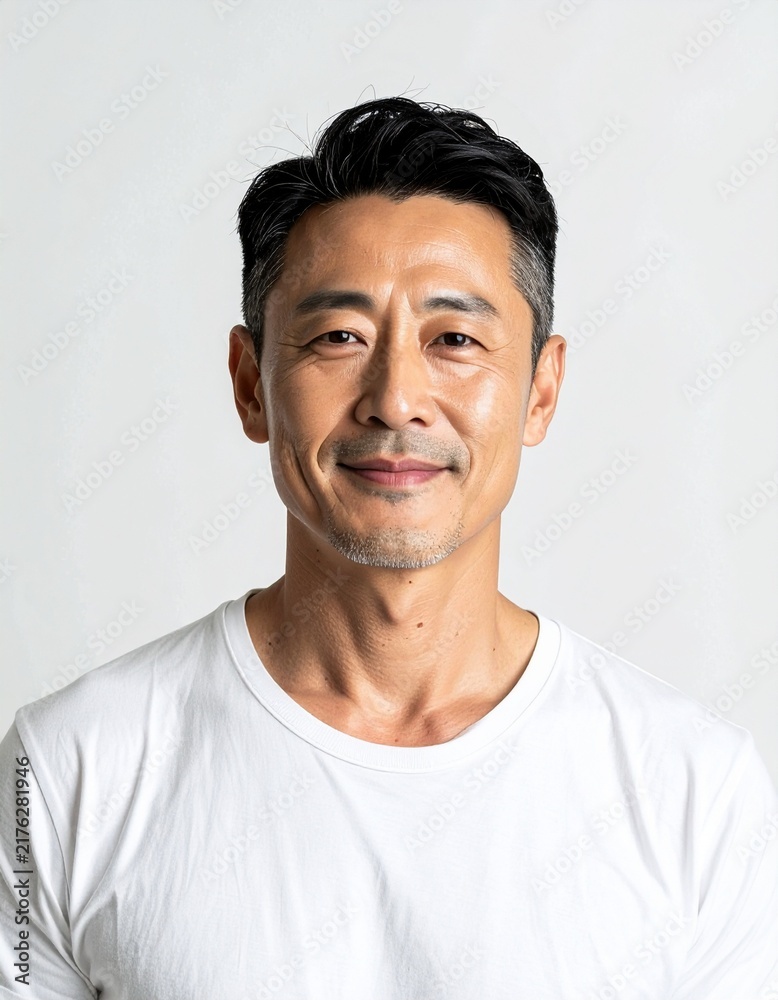 Fototapeta premium 白背景で撮影された40代アジア人男性のポートレート｜自然光・上半身・ミニマル