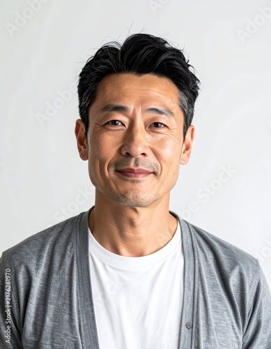 Plakat w ramie 白背景で撮影された40代アジア人男性のポートレート｜自然光・上半身・ミニマル