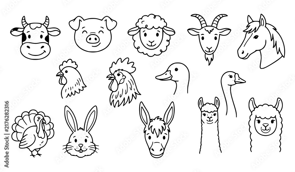 Obraz premium Friendly farm animal head line icons with cow pig sheep goat chicken and horse