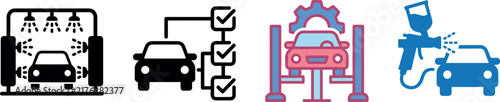 Automotive services including car wash, inspection workflow, lift repair, and painting vector icon set