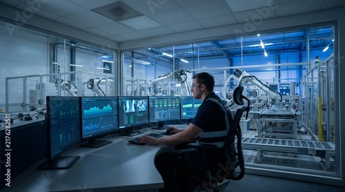 Engineer monitoring automated robotic factory via control room screens