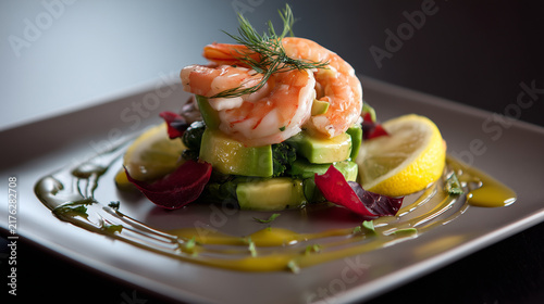 Obraz na płótnie Shrimp avocado salad with lemon dressing, elegant plating, hyper realistic