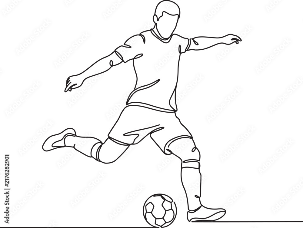 Fototapeta premium Continuous line of a male soccer player kicking a ball in motion also transparent background, football player