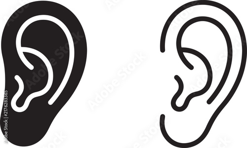 Foto Two black human ear icons, one filled silhouette and one outlined line also tran