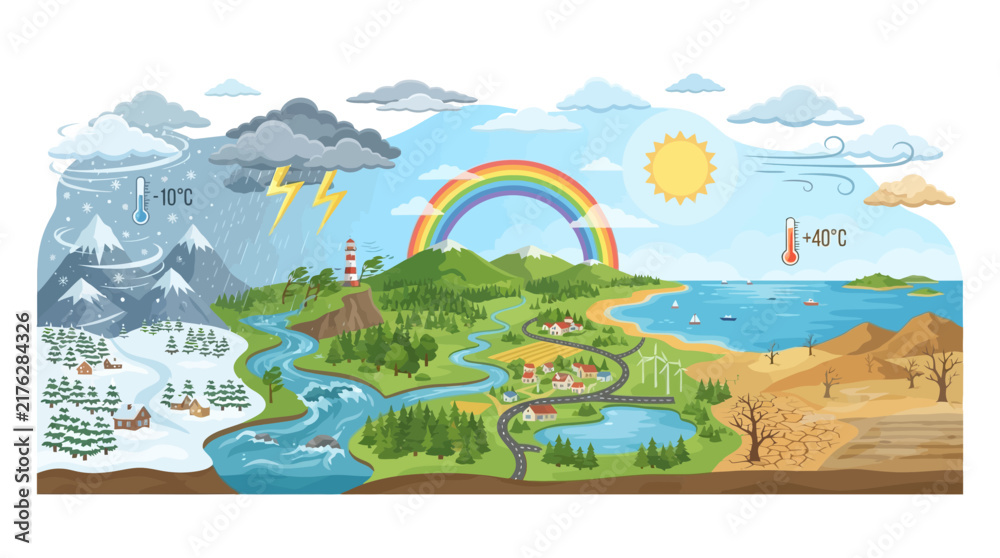 Obraz premium Comprehensive Climate Zones Illustration Showing Seasonal Weather Transitions from Snowy Mountainous Regions to Hot Arid Desert Landscapes