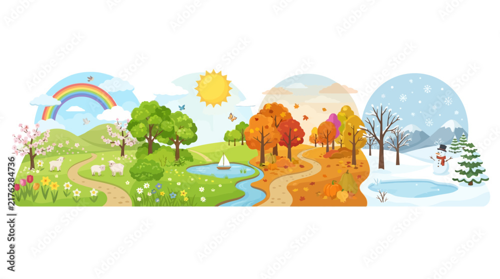 Obraz premium Vibrant Four Seasons Landscape Illustration Featuring Scenic Transitions from Spring and Summer to Autumn and Winter Cycles