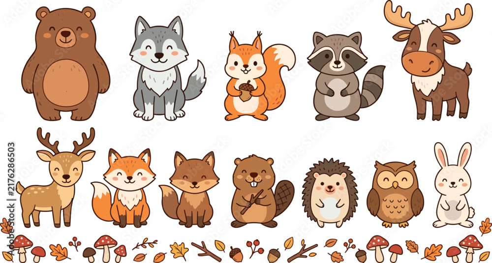 Obraz premium Cute woodland animals vector set with cartoon bear wolf squirrel raccoon deer fox beaver hedgehog owl and rabbit for kids autumn nursery decor