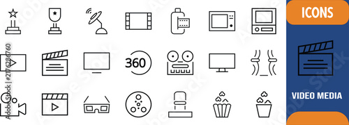 Movie media entertainment icons. clapperboard icon set, popcorn icon set, camera icon set