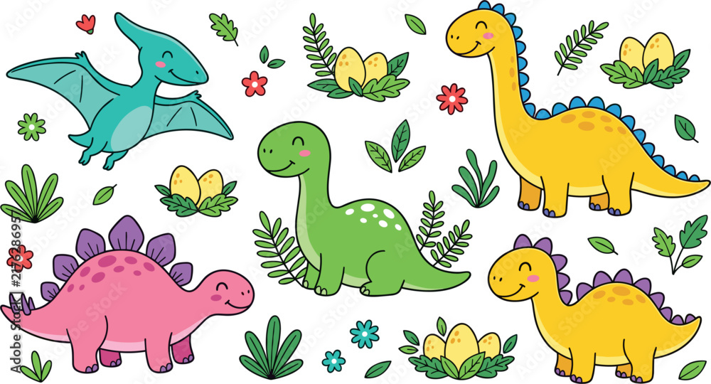 Obraz premium Cute cartoon dinosaur vector set with prehistoric baby dinos dino eggs pterodactyl stegosaurus brontosaurus and tropical leaves for nursery wallpaper design elements