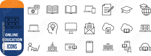 Online education learning vector icons. laptop icon set, book icon set, graduation cap icon set