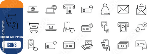 Online shopping vector icons. laptop icon set, shopping cart icon set, credit card icon set