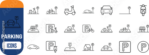 Parking icons for vehicles. car icon set, scooter icon set, bicycle icon set
