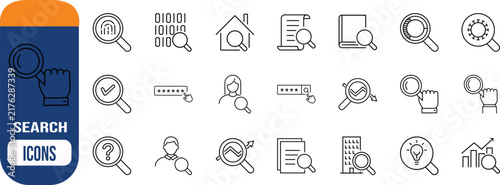 Search and data analysis icons. magnifying glass icon set, binary code icon set, document icon set