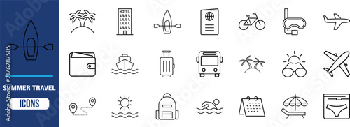 Summer travel vacation icons. airplane icon set, suitcase icon set, passport icon set
