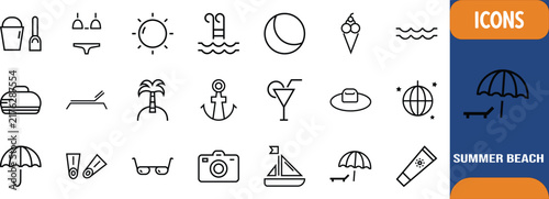 Summer beach vacation vector icons. sun icon set, umbrella icon set, bikini icon set