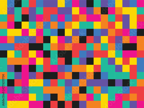 Pixel art mosaic background featuring colorful geometric square tiles for digital design templates and modern abstract web graphics.