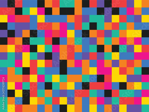 Pixel art mosaic pattern featuring vibrant geometric squares in multiple colors for digital background or creative textile design.