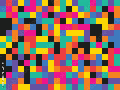 Pixel art mosaic pattern featuring vibrant geometric squares in multiple colors for modern digital wallpaper and graphic design.