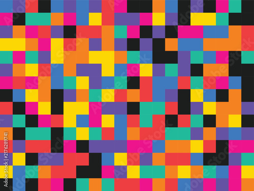 Pixel art mosaic background featuring vibrant multicolored square tiles for digital design projects and modern website textures.
