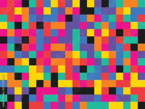 Pixel art mosaic pattern featuring vibrant multicolor squares for dynamic modern graphic backgrounds and digital screen design wallpaper.
