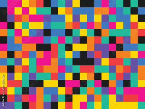 Pixel art mosaic pattern with bright primary colors creates retro digital aesthetic suitable for gaming and tech web backgrounds.
