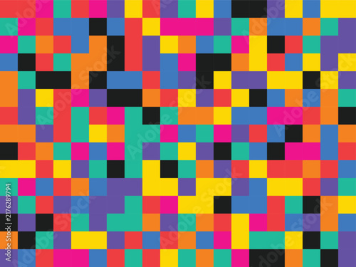 Pixel art mosaic pattern with vibrant geometric squares in multicolored palette for digital wallpaper and textile graphic design.