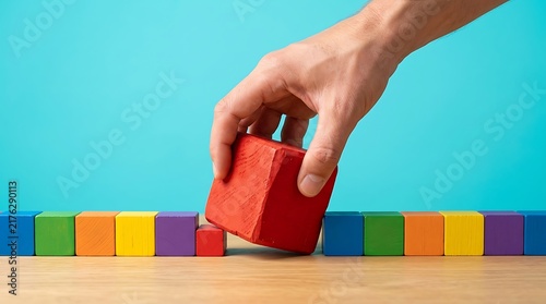 A person's hand places a red wooden cube onto a rainbow row of small colorful building blocks, signifying inclusion and order.