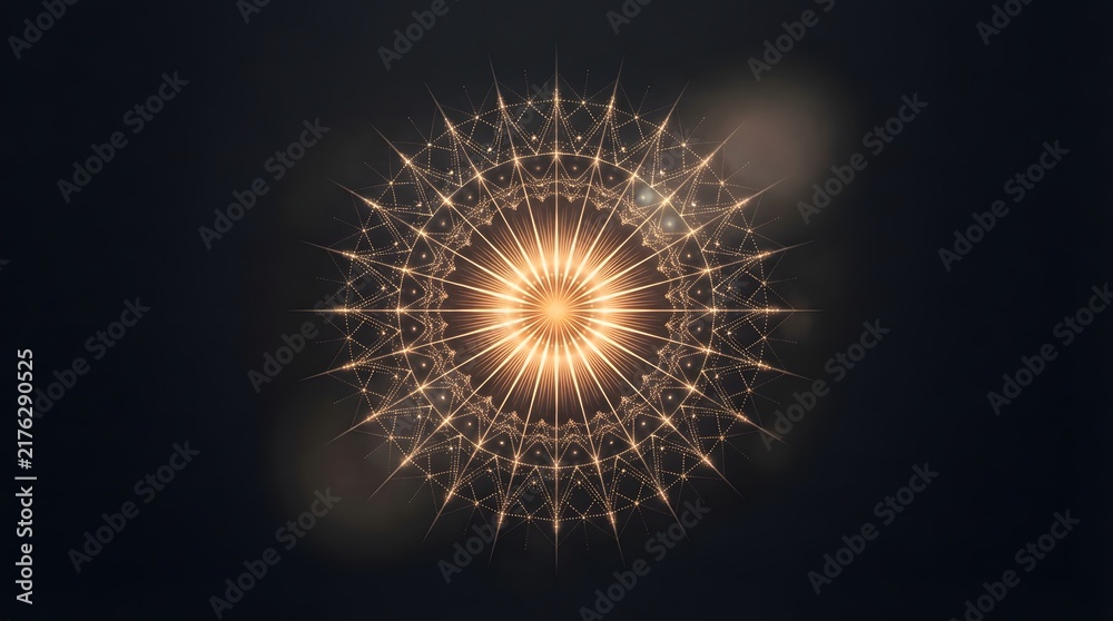 Fototapeta premium Abstract circular glowing mandala pattern with intricate golden geometric lines on a dark black background