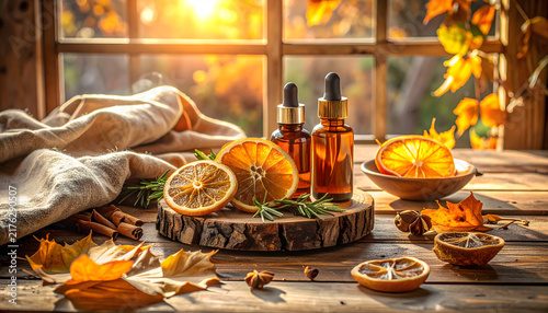Thanksgiving & Autumn Wellness: Autumnal aromatherapy scene bathed in warm light, creating tranquil, cozy atmosphere
