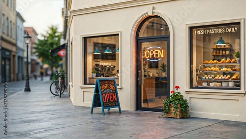 Modern pastry shop storefront with open sign, fresh pastries display and sidewalk boards on an elegant urban street