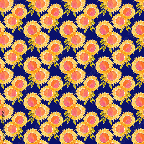 Pattern con girasoli ad acquerello su sfondo blu