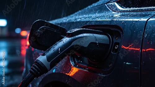 Modern EV charger connected under wet neon street lights for green energy promos