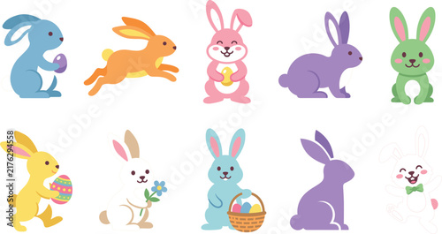 Cute Easter bunny vector character set with colorful rabbits holding festive painted eggs