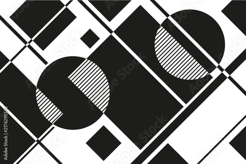 A bold abstract geometric composition featuring sharp black and white contrasts, dynamic diagonal lines, and fragmented shapes inspired by modernist bauhaus and constructivist design.