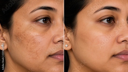 Close up profile of female cheek showing hyperpigmentation melasma and clear bright skin post cure.