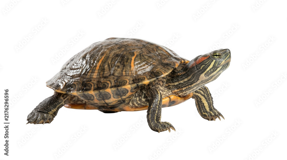 Obraz premium Red-eared slider turtle standing on white surface isolated on transparent background