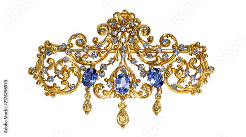 Quadro su tela Ornate gold brooch with blue oval sapphires and small sparkling diamonds
