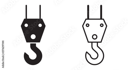 Two crane hook icons, filled and outlined styles, side by side, industrial lifting symbols, vector illustration, isolated white background

