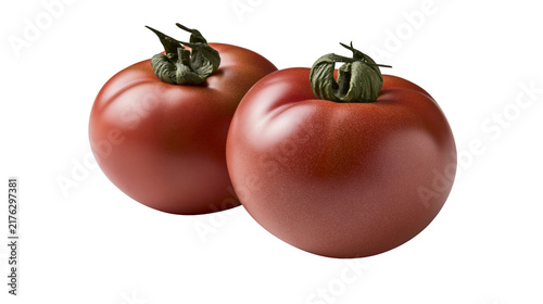 Canvas Print Two ripe round red tomatoes with green stems and smooth skin