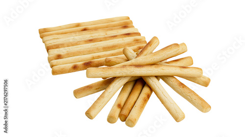 Foto Crispy golden baked breadsticks arranged in a neat stack and a loose pile