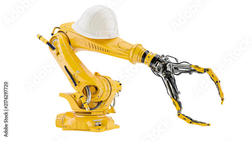 Fotografie Yellow industrial robotic arm with a white hard hat and mechanical gripper claw