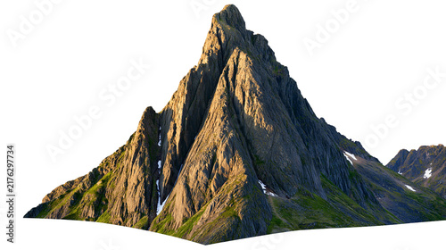 Fotografía Jagged rocky mountain peak with sunlit slopes and patches of snow